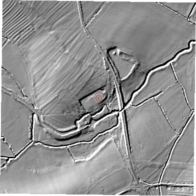 Shaded relief map of the ground around MK184DY, computed from Environment Agency LiDAR. The ground here sits at about 83 m above sea level and falls 7 m across the surrounding 800 m. Surface water reaching this point runs off ground lying to the west-north-west, 3.9 m higher.