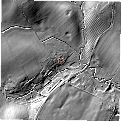 Shaded relief map of the ground around MK185AS, computed from Environment Agency LiDAR. The ground here sits at about 100 m above sea level and falls 21 m across the surrounding 800 m. Surface water reaching this point runs off ground lying to the west, 2.8 m higher.