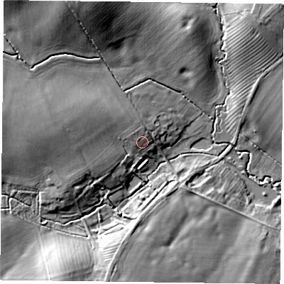 Shaded relief map of the ground around MK185AU, computed from Environment Agency LiDAR. The ground here sits at about 103 m above sea level and falls 20 m across the surrounding 800 m. Surface water reaching this point runs off ground lying to the north-west, 2.2 m higher.