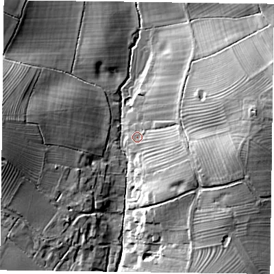 Shaded relief map of the ground around MK185BE, computed from Environment Agency LiDAR. The ground here sits at about 99 m above sea level and falls 19 m across the surrounding 800 m. Surface water reaching this point runs off ground lying to the east-north-east, 14.6 m higher.