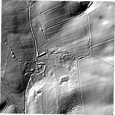 Shaded relief map of the ground around MK185BQ, computed from Environment Agency LiDAR. The ground here sits at about 107 m above sea level and falls 24 m across the surrounding 800 m. Surface water reaching this point runs off ground lying to the east-north-east, 17.5 m higher.