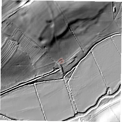 Shaded relief map of the ground around MK185EZ, computed from Environment Agency LiDAR. The ground here sits at about 74 m above sea level and falls 25 m across the surrounding 800 m. Surface water reaching this point runs off ground lying to the north-north-west, 15.0 m higher.