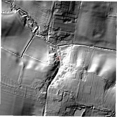 Shaded relief map of the ground around MK185LX, computed from Environment Agency LiDAR. The ground here sits at about 109 m above sea level and falls 22 m across the surrounding 800 m. Surface water reaching this point runs off ground lying to the west-south-west, 18.0 m higher.