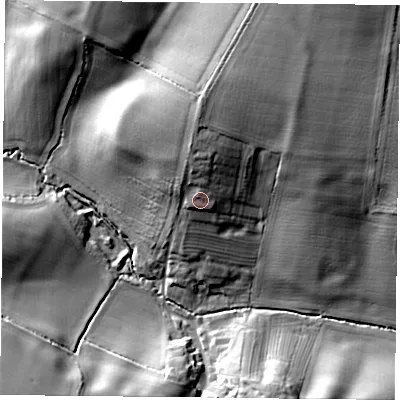 Shaded relief map of the ground around MK185LY, computed from Environment Agency LiDAR. The ground here sits at about 118 m above sea level and falls 23 m across the surrounding 800 m. Surface water reaching this point runs off ground lying to the north, 6.0 m higher.