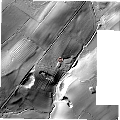 Shaded relief map of the ground around MK186AD, computed from Environment Agency LiDAR. The ground here sits at about 95 m above sea level and falls 25 m across the surrounding 800 m. Surface water reaching this point runs off ground lying to the west-south-west, 20.0 m higher.