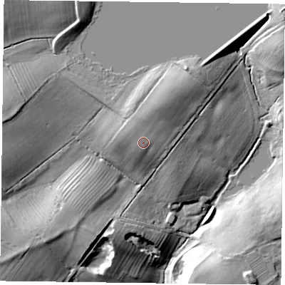 Shaded relief map of the ground around MK186AF, computed from Environment Agency LiDAR. The ground here sits at about 107 m above sea level and falls 26 m across the surrounding 800 m. Surface water reaching this point runs off ground lying to the north-north-west, 1.1 m higher.