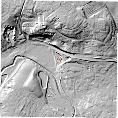 Shaded relief map of the ground around MK187BF, computed from Environment Agency LiDAR. The ground here sits at about 79 m above sea level and falls 36 m across the surrounding 800 m. Surface water reaching this point runs off ground lying to the east-north-east, 8.7 m higher.