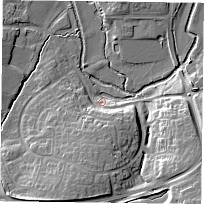 Shaded relief map of the ground around MK187DL, computed from Environment Agency LiDAR. The ground here sits at about 78 m above sea level and falls 21 m across the surrounding 800 m. Surface water reaching this point runs off ground lying to the south-south-east, 10.5 m higher.