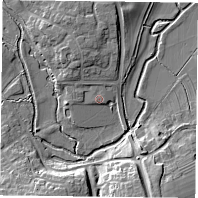 Shaded relief map of the ground around MK187HX, computed from Environment Agency LiDAR. The ground here sits at about 78 m above sea level and falls 16 m across the surrounding 800 m. Surface water reaching this point runs off ground lying to the north, 0.9 m higher.
