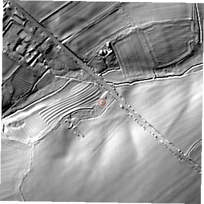 Shaded relief map of the ground around MK196BD, computed from Environment Agency LiDAR. The ground here sits at about 78 m above sea level and falls 20 m across the surrounding 800 m. Surface water reaching this point runs off ground lying to the south-west, 13.7 m higher.
