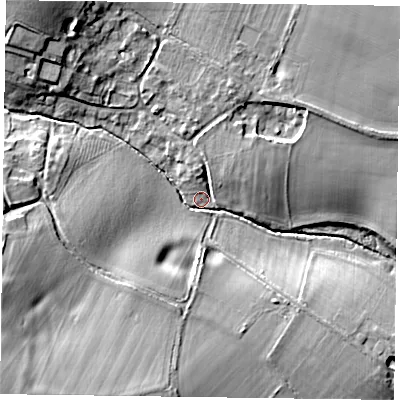 Shaded relief map of the ground around MK196BZ, computed from Environment Agency LiDAR. The ground here sits at about 85 m above sea level and falls 20 m across the surrounding 800 m. Surface water reaching this point runs off ground lying to the south-west, 17.1 m higher.