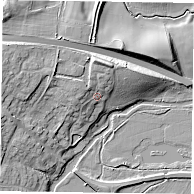 Shaded relief map of the ground around MK196DP, computed from Environment Agency LiDAR. The ground here sits at about 71 m above sea level and falls 16 m across the surrounding 800 m. Surface water reaching this point runs off ground lying to the north-north-east, 6.2 m higher.