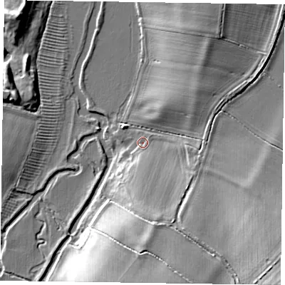 Shaded relief map of the ground around MK196DS, computed from Environment Agency LiDAR. The ground here sits at about 68 m above sea level and falls 12 m across the surrounding 800 m. Surface water reaching this point runs off ground lying to the south, 2.9 m higher.