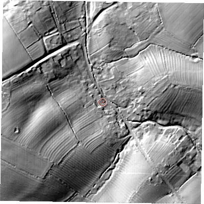 Shaded relief map of the ground around MK196DX, computed from Environment Agency LiDAR. The ground here sits at about 70 m above sea level and falls 28 m across the surrounding 800 m. Surface water reaching this point runs off ground lying to the south-west, 27.4 m higher.