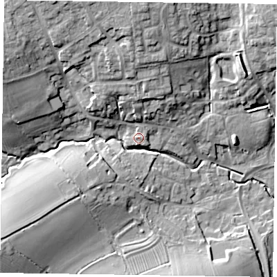 Shaded relief map of the ground around MK196FD, computed from Environment Agency LiDAR. The ground here sits at about 74 m above sea level and falls 19 m across the surrounding 800 m. Surface water reaching this point runs off ground lying to the north, 5.8 m higher.