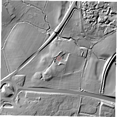 Shaded relief map of the ground around MK196FQ, computed from Environment Agency LiDAR. The ground here sits at about 73 m above sea level and falls 18 m across the surrounding 800 m. Surface water reaching this point runs off ground lying to the south-south-west, 6.8 m higher.