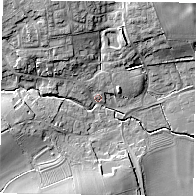 Shaded relief map of the ground around MK196FT, computed from Environment Agency LiDAR. The ground here sits at about 72 m above sea level and falls 19 m across the surrounding 800 m. Surface water reaching this point runs off ground lying to the north-north-west, 16.6 m higher.