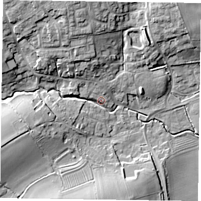 Shaded relief map of the ground around MK196GU, computed from Environment Agency LiDAR. The ground here sits at about 72 m above sea level and falls 18 m across the surrounding 800 m. Surface water reaching this point runs off ground lying to the north-north-west, 16.0 m higher.