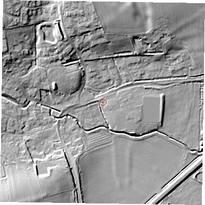 Shaded relief map of the ground around MK196HN, computed from Environment Agency LiDAR. The ground here sits at about 70 m above sea level and falls 18 m across the surrounding 800 m. Surface water reaching this point runs off ground lying to the north, 13.0 m higher.