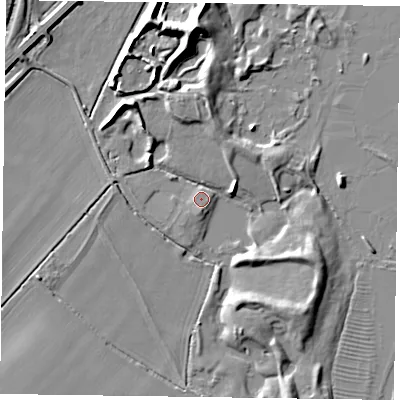 Shaded relief map of the ground around MK196JY, computed from Environment Agency LiDAR. The ground here sits at about 68 m above sea level and falls 10 m across the surrounding 800 m. Surface water reaching this point runs off ground lying to the south, 1.3 m higher.