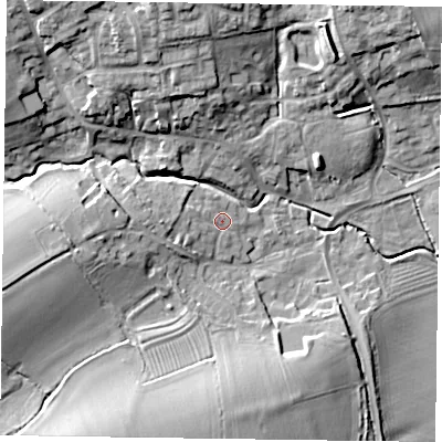 Shaded relief map of the ground around MK196LD, computed from Environment Agency LiDAR. The ground here sits at about 72 m above sea level and falls 17 m across the surrounding 800 m. Surface water reaching this point runs off ground lying to the west-south-west, 3.6 m higher.