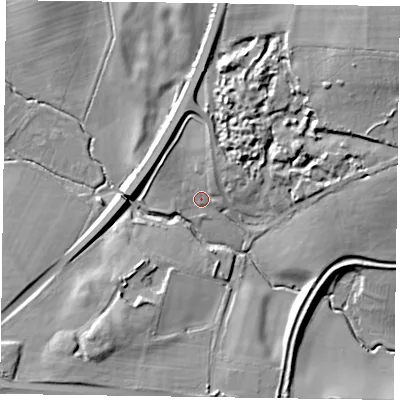 Shaded relief map of the ground around MK197BB, computed from Environment Agency LiDAR. The ground here sits at about 69 m above sea level and falls 24 m across the surrounding 800 m. Surface water reaching this point runs off ground lying to the north, 7.4 m higher.