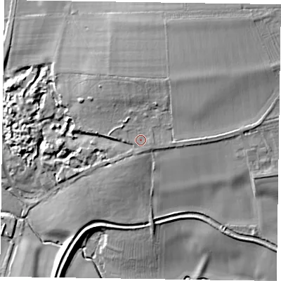 Shaded relief map of the ground around MK197BD, computed from Environment Agency LiDAR. The ground here sits at about 81 m above sea level and falls 28 m across the surrounding 800 m. Surface water reaching this point runs off ground lying to the north-north-east, 6.6 m higher.