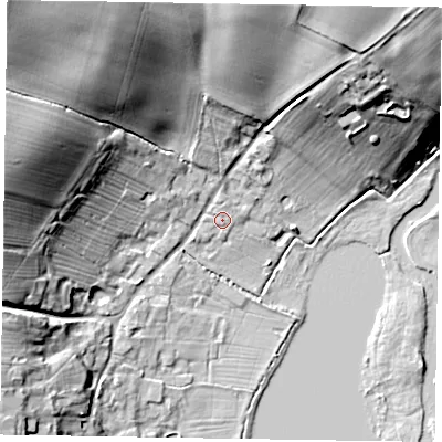 Shaded relief map of the ground around MK197DX, computed from Environment Agency LiDAR. The ground here sits at about 61 m above sea level and falls 29 m across the surrounding 800 m. Surface water reaching this point runs off ground lying to the north-north-east, 0.8 m higher.