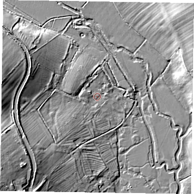Shaded relief map of the ground around MK197JJ, computed from Environment Agency LiDAR. The ground here sits at about 64 m above sea level and falls 18 m across the surrounding 800 m. Surface water reaching this point runs off ground lying to the west-south-west, 9.3 m higher.