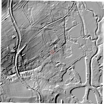 Shaded relief map of the ground around MK197JW, computed from Environment Agency LiDAR. The ground here sits at about 65 m above sea level and falls 21 m across the surrounding 800 m. Surface water reaching this point runs off ground lying to the south-west, 18.1 m higher.