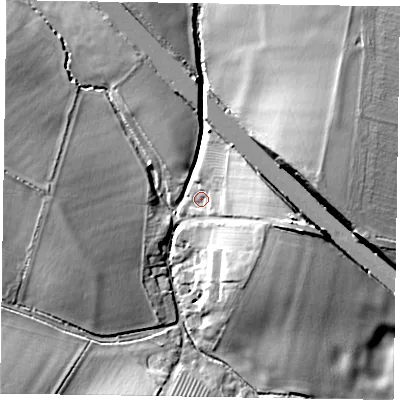 Shaded relief map of the ground around MK197NF, computed from Environment Agency LiDAR. The ground here sits at about 90 m above sea level and falls 20 m across the surrounding 800 m. Surface water reaching this point runs off ground lying to the east, 10.3 m higher.