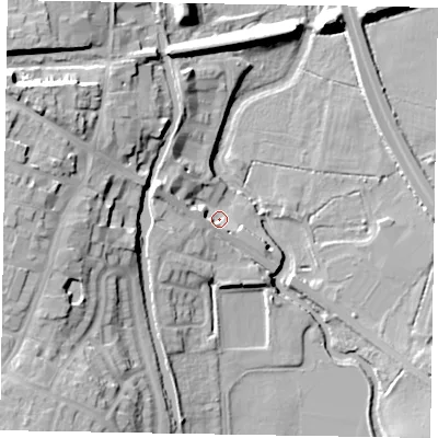 Shaded relief map of the ground around MK22BS, computed from Environment Agency LiDAR. The ground here sits at about 68 m above sea level and falls 20 m across the surrounding 800 m. Surface water reaching this point runs off ground lying to the west-north-west, 7.9 m higher.