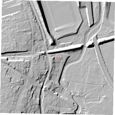 Shaded relief map of the ground around MK22DB, computed from Environment Agency LiDAR. The ground here sits at about 70 m above sea level and falls 21 m across the surrounding 800 m. Surface water reaching this point runs off ground lying to the west-north-west, 6.0 m higher.