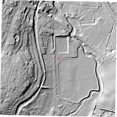 Shaded relief map of the ground around MK22HX, computed from Environment Agency LiDAR. The ground here sits at about 68 m above sea level and falls 19 m across the surrounding 800 m. Surface water reaching this point runs off ground lying to the west, 5.3 m higher.