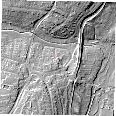 Shaded relief map of the ground around MK22LG, computed from Environment Agency LiDAR. The ground here sits at about 71 m above sea level and falls 17 m across the surrounding 800 m. Surface water reaching this point runs off ground lying to the south-south-west, 4.0 m higher.