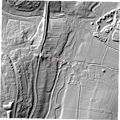 Shaded relief map of the ground around MK22UZ, computed from Environment Agency LiDAR. The ground here sits at about 67 m above sea level and falls 17 m across the surrounding 800 m. Surface water reaching this point runs off ground lying to the west, 8.0 m higher.