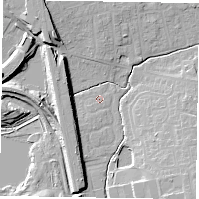 Shaded relief map of the ground around MK23AP, computed from Environment Agency LiDAR. The ground here sits at about 71 m above sea level and falls 20 m across the surrounding 800 m. Surface water reaching this point runs off ground lying to the south-west, 11.6 m higher.
