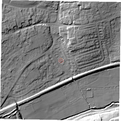 Shaded relief map of the ground around MK35BX, computed from Environment Agency LiDAR. The ground here sits at about 84 m above sea level and falls 25 m across the surrounding 800 m. Surface water reaching this point runs off ground lying to the west-north-west, 16.9 m higher.