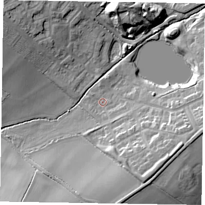 Shaded relief map of the ground around MK35FP, computed from Environment Agency LiDAR. The ground here sits at about 85 m above sea level and falls 19 m across the surrounding 800 m. Surface water reaching this point runs off ground lying to the south-east, 6.3 m higher.