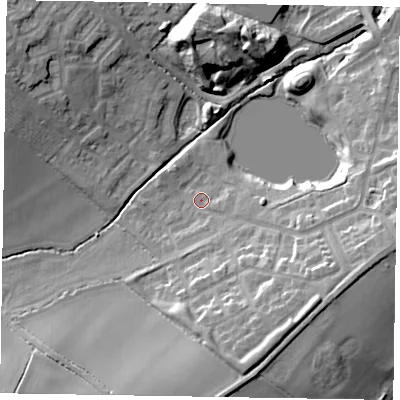 Shaded relief map of the ground around MK35FQ, computed from Environment Agency LiDAR. The ground here sits at about 85 m above sea level and falls 18 m across the surrounding 800 m. Surface water reaching this point runs off ground lying to the south-south-east, 12.9 m higher.
