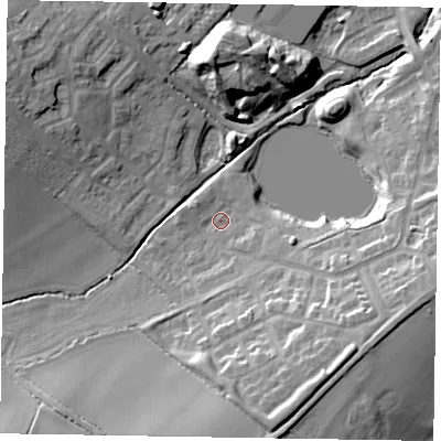 Shaded relief map of the ground around MK35FW, computed from Environment Agency LiDAR. The ground here sits at about 85 m above sea level and falls 18 m across the surrounding 800 m. Surface water reaching this point runs off ground lying to the south-south-east, 13.6 m higher.