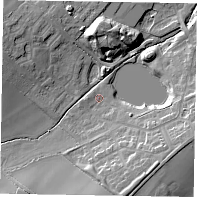 Shaded relief map of the ground around MK35GA, computed from Environment Agency LiDAR. The ground here sits at about 85 m above sea level and falls 19 m across the surrounding 800 m. Surface water reaching this point runs off ground lying to the south-south-east, 13.5 m higher.