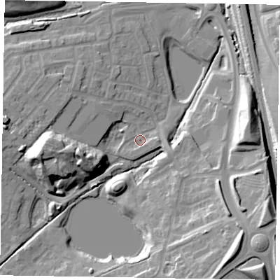 Shaded relief map of the ground around MK35GB, computed from Environment Agency LiDAR. The ground here sits at about 83 m above sea level and falls 21 m across the surrounding 800 m. Surface water reaching this point runs off ground lying to the south-east, 18.4 m higher.