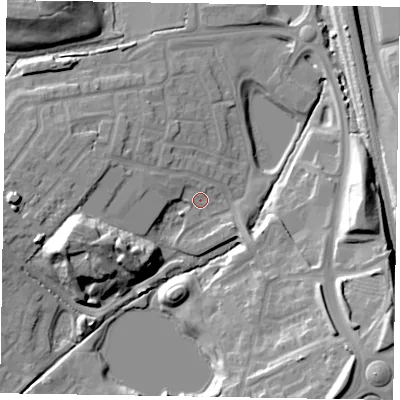 Shaded relief map of the ground around MK35GD, computed from Environment Agency LiDAR. The ground here sits at about 82 m above sea level and falls 22 m across the surrounding 800 m. Surface water reaching this point runs off ground lying to the west-north-west, 4.7 m higher.