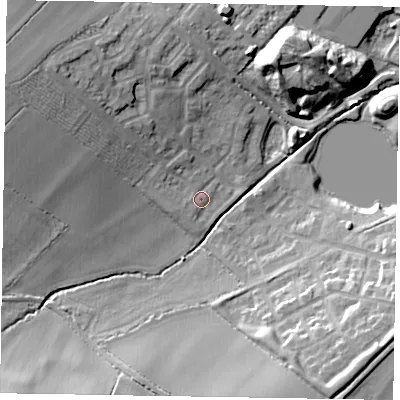 Shaded relief map of the ground around MK35GH, computed from Environment Agency LiDAR. The ground here sits at about 87 m above sea level and falls 20 m across the surrounding 800 m. Surface water reaching this point runs off ground lying to the west-north-west, 15.0 m higher.