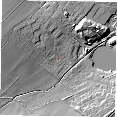 Shaded relief map of the ground around MK35GL, computed from Environment Agency LiDAR. The ground here sits at about 87 m above sea level and falls 20 m across the surrounding 800 m. Surface water reaching this point runs off ground lying to the west-north-west, 13.2 m higher.