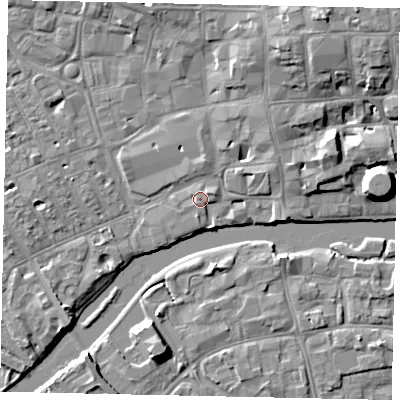Shaded relief map of the ground around MK401AR, computed from Environment Agency LiDAR. The ground here sits at about 27 m above sea level and falls 9 m across the surrounding 800 m. Surface water reaching this point runs off ground lying to the east-north-east, 1.3 m higher.