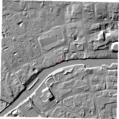 Shaded relief map of the ground around MK401AS, computed from Environment Agency LiDAR. The ground here sits at about 27 m above sea level and falls 8 m across the surrounding 800 m. Surface water reaching this point runs off ground lying to the north-east, 0.8 m higher.