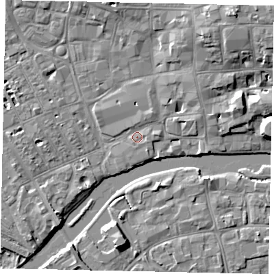 Shaded relief map of the ground around MK401AT, computed from Environment Agency LiDAR. The ground here sits at about 27 m above sea level and falls 9 m across the surrounding 800 m. Surface water reaching this point runs off ground lying to the north-north-east, 1.4 m higher.
