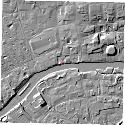 Shaded relief map of the ground around MK401AY, computed from Environment Agency LiDAR. The ground here sits at about 26 m above sea level and falls 9 m across the surrounding 800 m. Surface water reaching this point runs off ground lying to the north-north-east, 7.3 m higher.